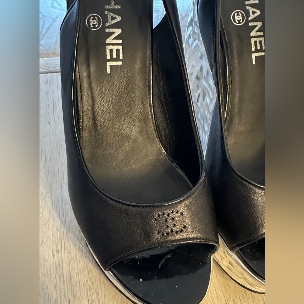 Authentic Chanel Black Wedge sandals size 37 - Picture 3 of 9